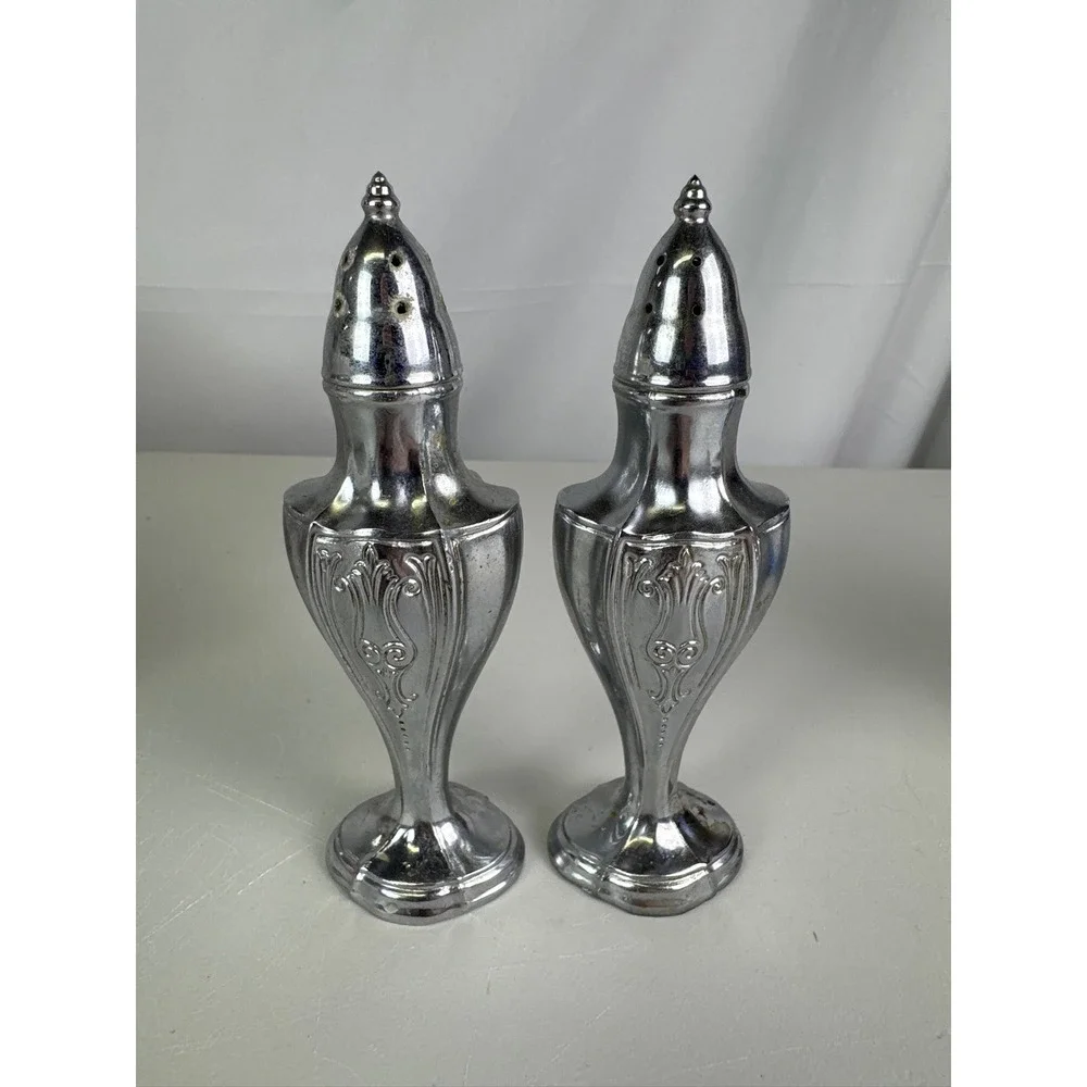 Vintage Ornate Silver Tone Salt‎ and Pepper Shakers Tall Pedestal Scrollwork Set